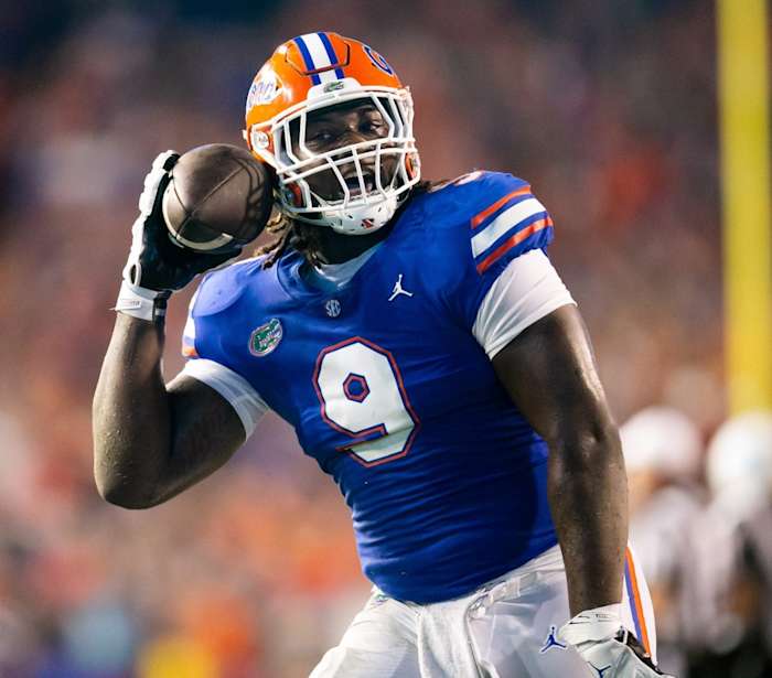 Florida Gators defensive lineman Gervon Dexter Sr. (9) celebrates his interception that lead to a touchdown in the first half at Steve Spurrier Field at Ben Hill Griffin Stadium in Gainesville, FL on Saturday, September 10, 2022. [Doug Engle/Gainesville Sun] Ncaa Football Florida Gators Vs Kentucky Wildcats